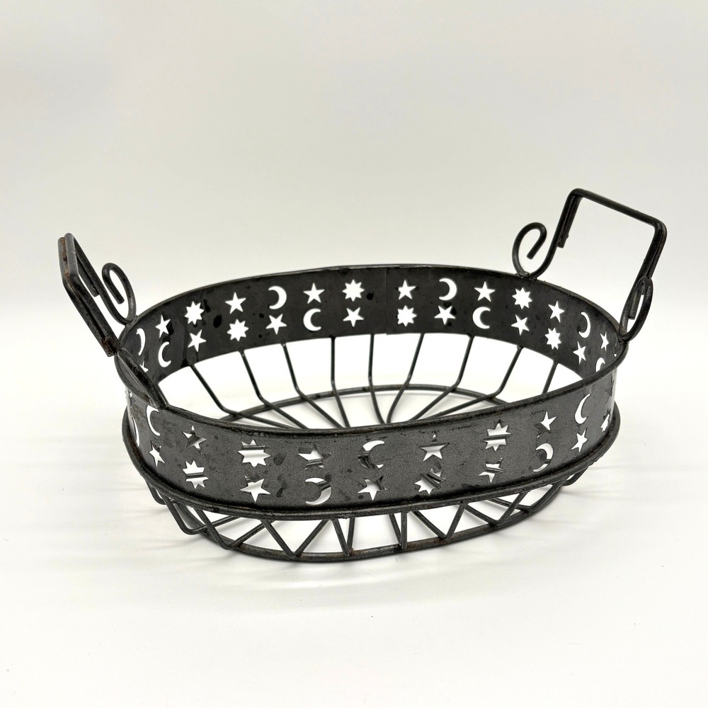 Celestial Moon Stars Metal Wire Basket Rustic Black Whimsigoth Decor Oval Tray